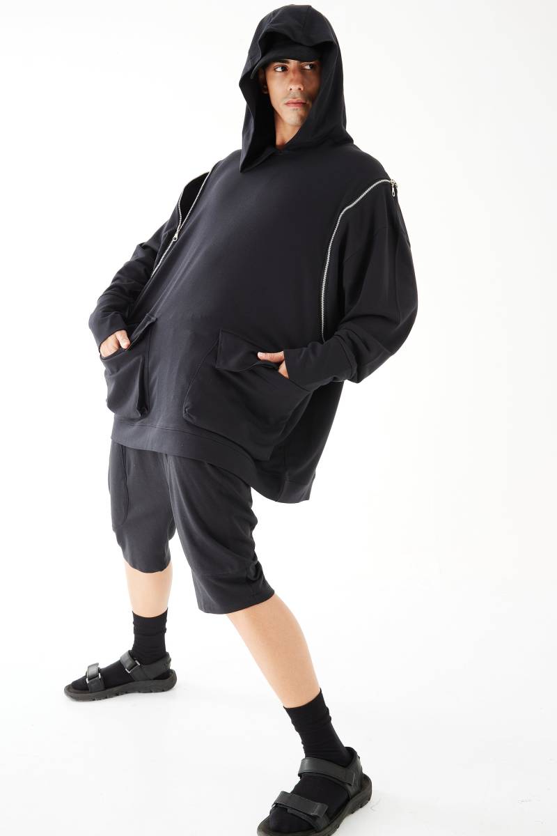 No.277 Übergroßer Herren-Hoodie-Pullover, Reißverschluss-Detail-Pullover, Lässige Aktive Jacke, Unisex-Pullover, Unisex-Sweatshirt in Schwarz von JoozieCotton