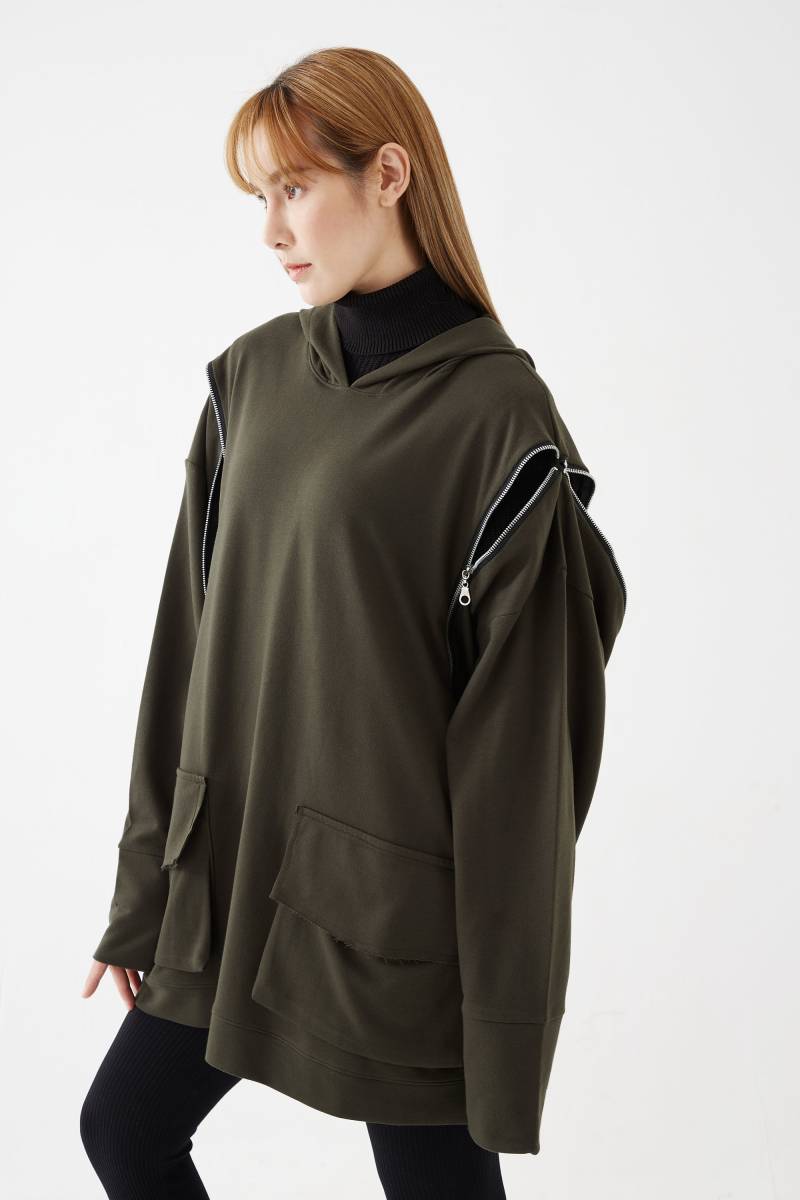 No.277 Übergroßer Hoodie-Pullover Für Damen, Reißverschluss-Detail-Pullover, Lässige Aktive Jacke, Unisex-Pullover, Unisex-Sweatshirt in Dunkeloliv von JoozieCotton