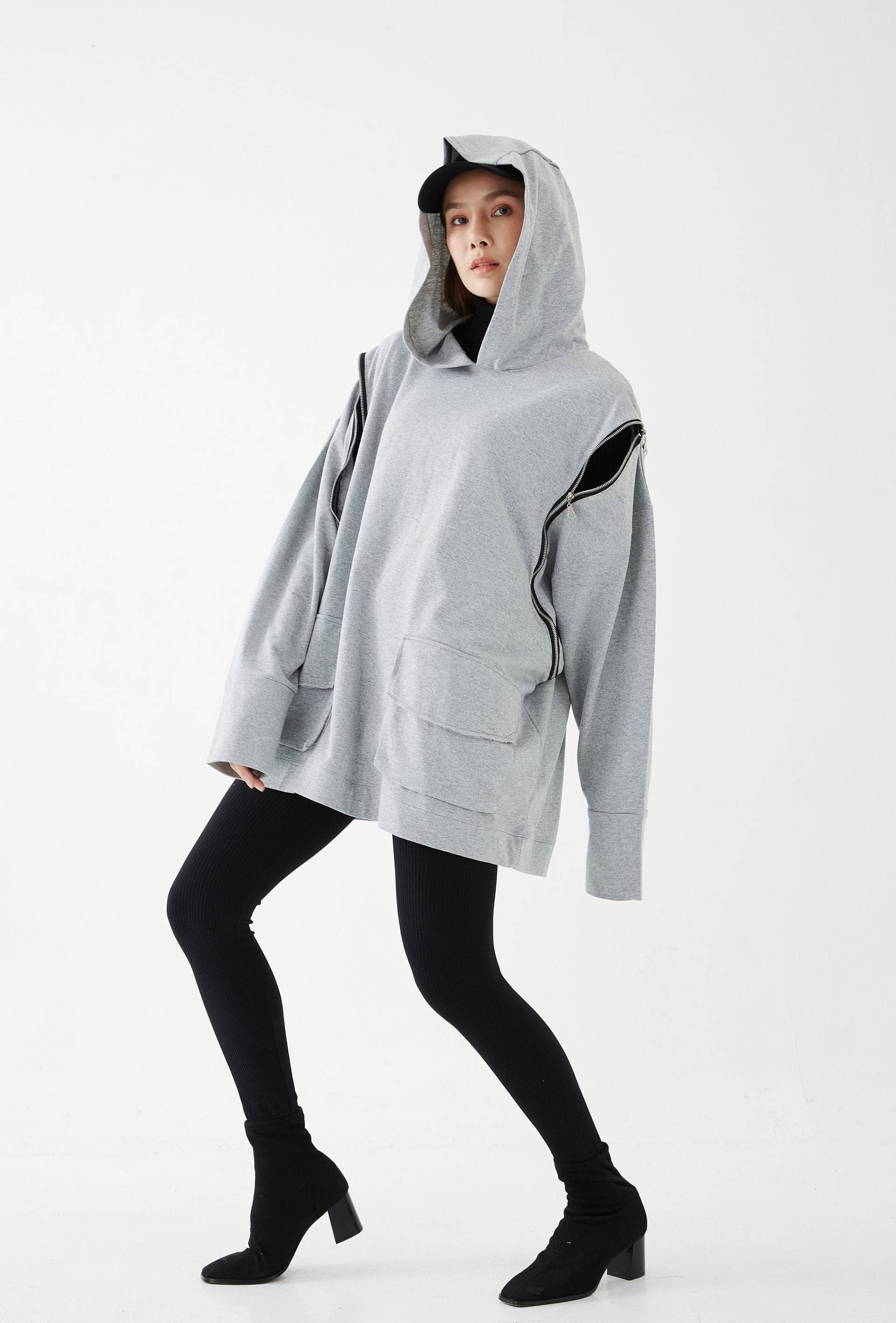 No.277 Übergroßer Hoodie-Pullover Für Damen, Reißverschluss-Detail-Pullover, Lässige Aktive Jacke, Unisex-Pullover, Unisex-Sweatshirt in Heather Grey von JoozieCotton