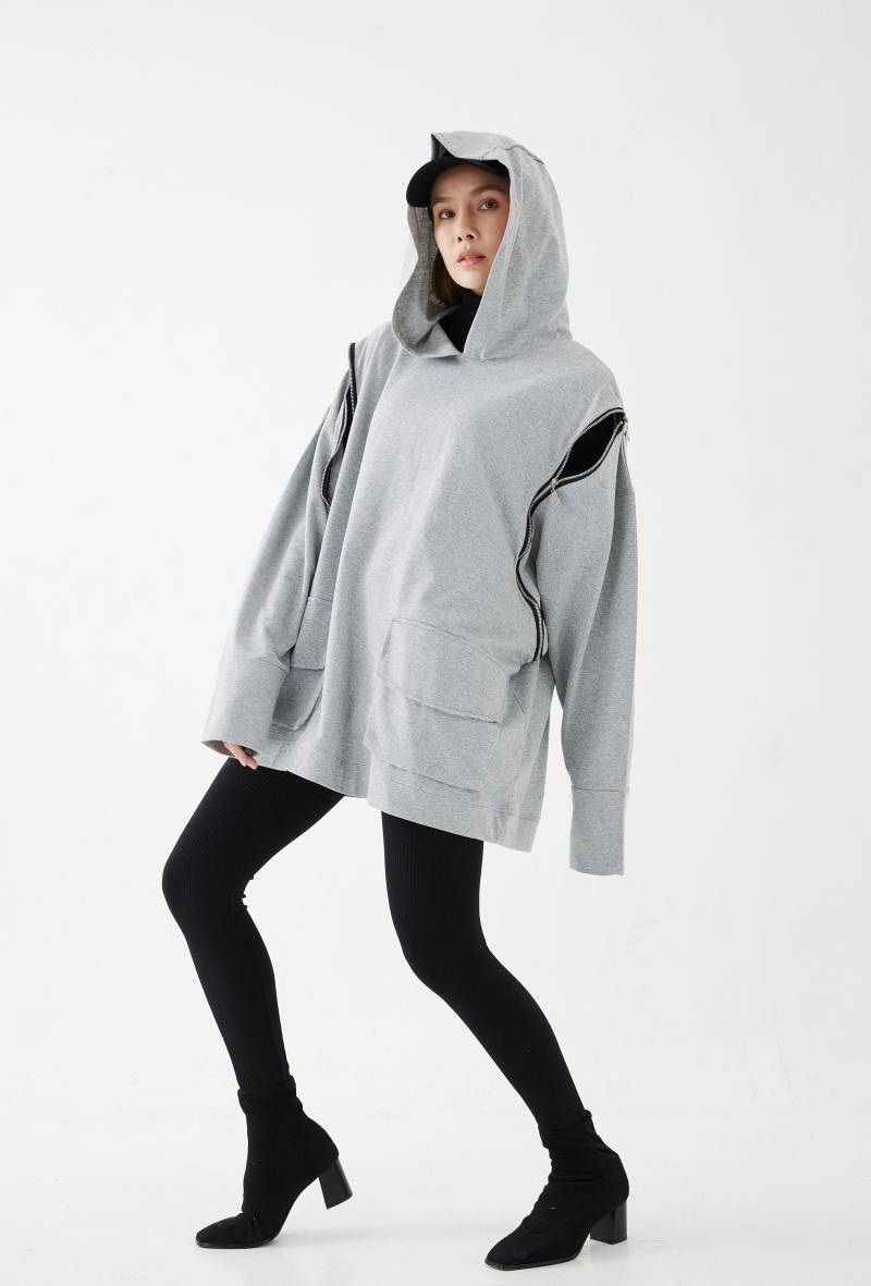 No.277 Übergroßer Hoodie-Pullover Für Damen, Reißverschluss-Detail-Pullover, Lässige Aktive Jacke, Unisex-Pullover, Unisex-Sweatshirt in Heather Grey von JoozieCotton