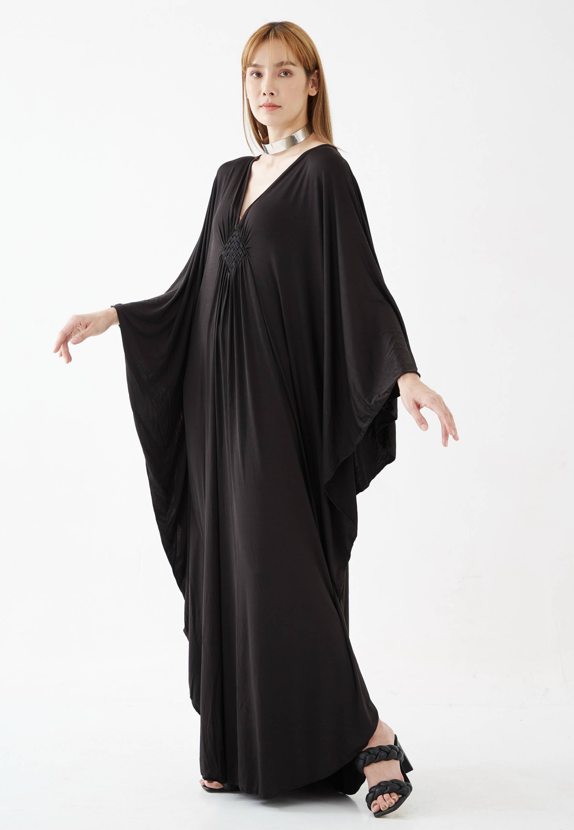 No.281 Damen Kaftan Kleid Mit V-Ausschnitt, Lange Kaftan, Plus Size Kleid, Strandkleidung, in Schwarz von JoozieCotton