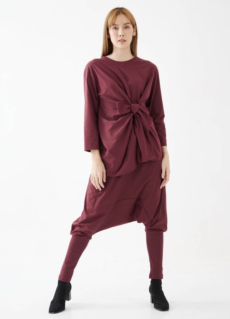 No.282 Frauen Rundhalsausschnitt Bogen Vorne Top Bluse, Krawatte Front Langarm-Shirt in Rot von JoozieCotton