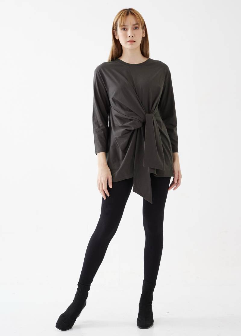 No.282 Frauen Rundhalsausschnitt Bogen Vorne Top Bluse, Krawatte Langarmshirt in Charcoal von JoozieCotton
