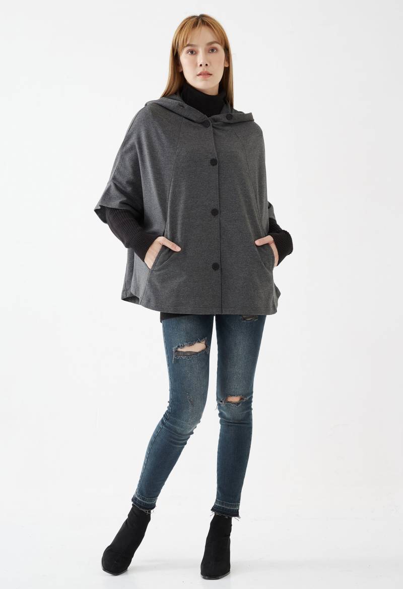 No.283 Damen Kurzarm Cardigan Mit Kapuze, Kapuzen Cape, Poncho Unisex Hoodie in Grau Meliert von JoozieCotton