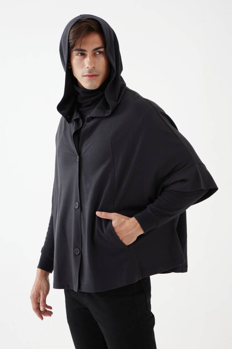 No.283 Damen Kurzarm Cardigan Mit Kapuze, Kapuzencape, Poncho Unisex Hoodie in Schwarz von JoozieCotton