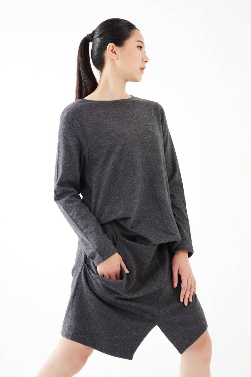 No.284 Damen U-Boot-Ausschnitt, Langarm-Fronttasche, Lässiges Frontschlitzkleid in Grau Meliert von JoozieCotton