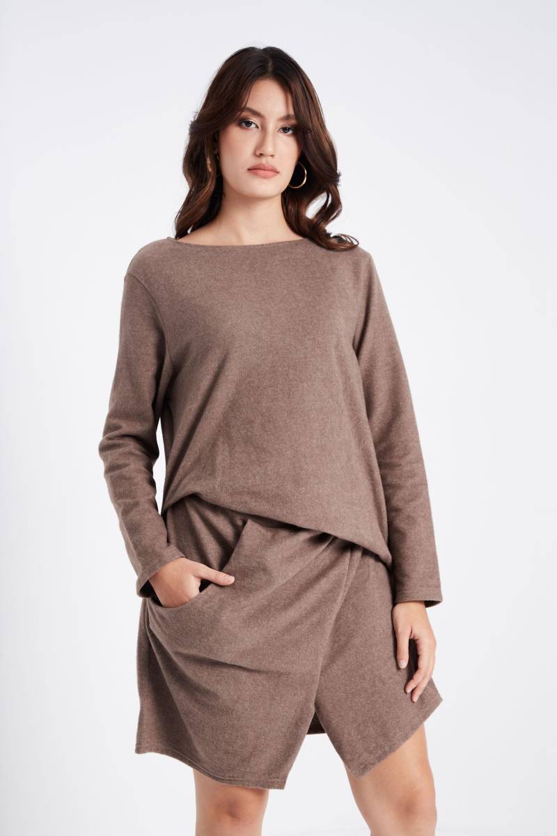 No.284 Damen U-Boot-Ausschnitt, Langarm-Fronttasche, Lässiges Frontschlitzkleid in Heather Brown von JoozieCotton