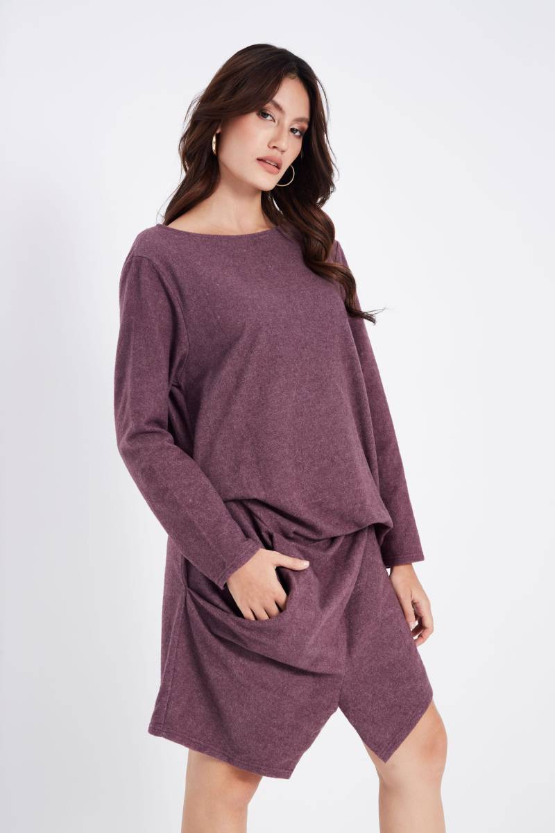 No.284 Damen U-Boot-Ausschnitt, Langarm-Fronttasche, Lässiges Frontschlitzkleid in Heather Plum von JoozieCotton