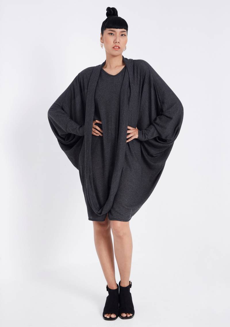 No.57 Damen Fledermausärmel Mit Schal Kleid , Fledermaus Langarm in Grau Meliert von JoozieCotton