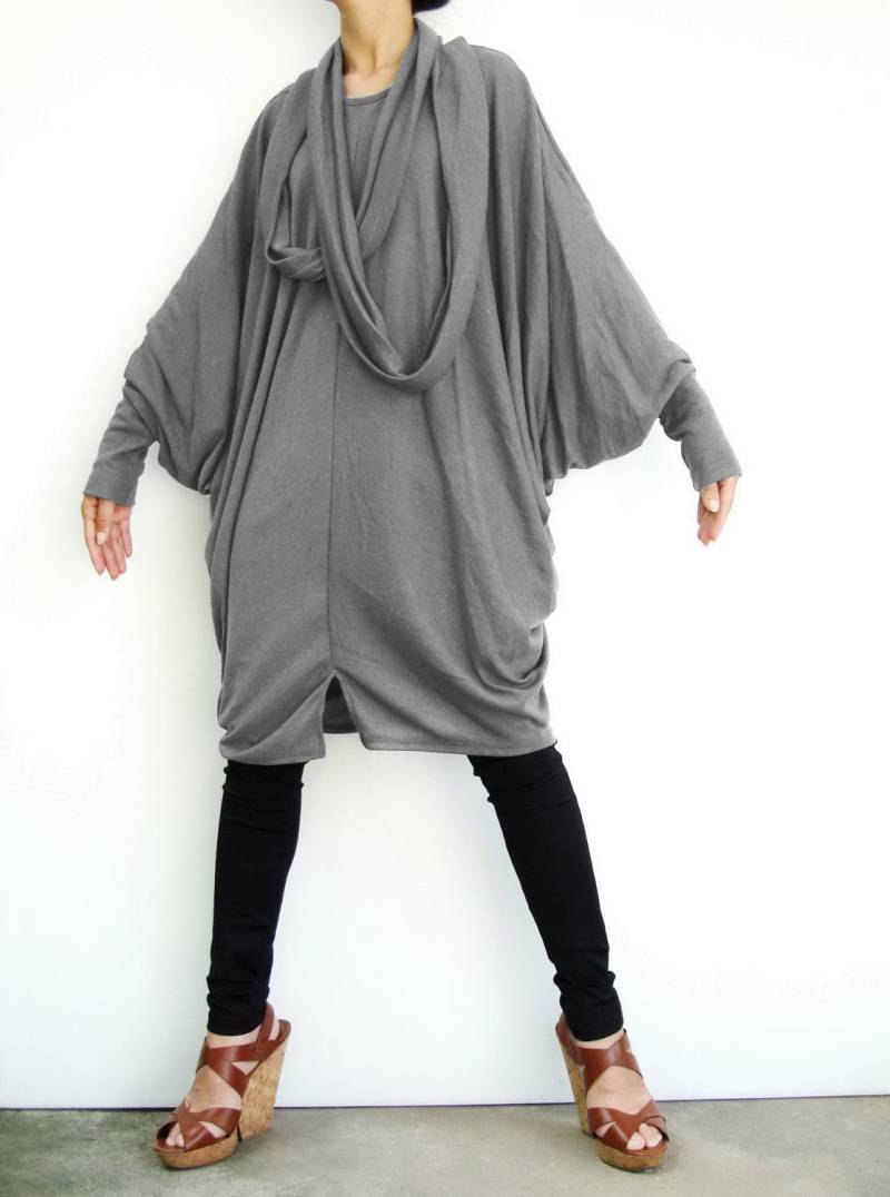 No.57 Damen Fledermausärmel Mit Schal Kleid, Fledermaus Langarmkleid in Staubgrau von JoozieCotton