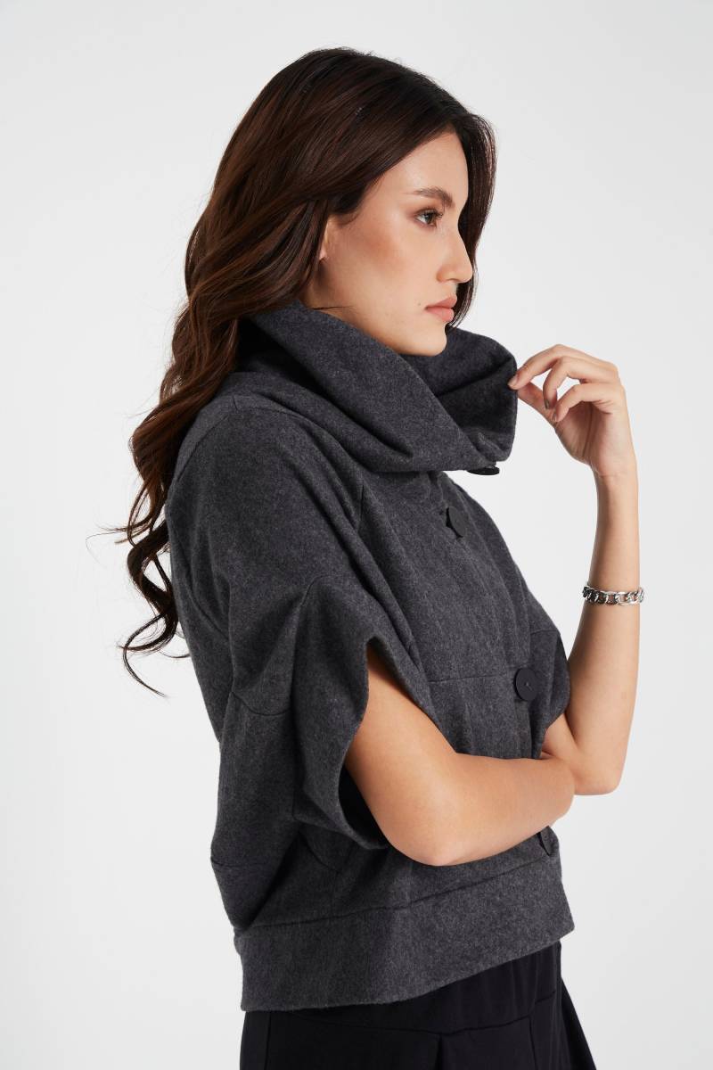 No.85 Damen Stehkragen Kurzarm Cropped Jacke, Kokon Jacke Mit Knopfleiste in Grau Meliert von JoozieCotton