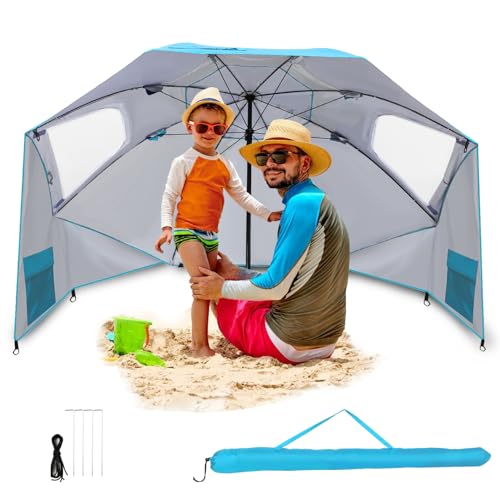 Joparri Sonnenschirm Strandmuschel 2 in 1 Schirm für Strand Garten 2-4 Personen, UV50+ Sonnenschutz, Multi-Purpose Umbrella Ø210x220cm mit Fenster und Tragetasche, Faltbar, Hellblau von Joparri