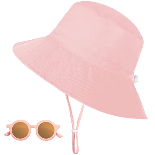 Jopee Sonnenhut Baby, UV-Schutz UPF 50+ Breiter Krempe Sonnenschutz Fischerhut Kinder mit Sonnenbrille, Atmungsaktiv Bucket Hat mit Verstellbarem Kinnriemen, Strandhut für Mädchen - Rosa, 6-24 Monate von Jopee