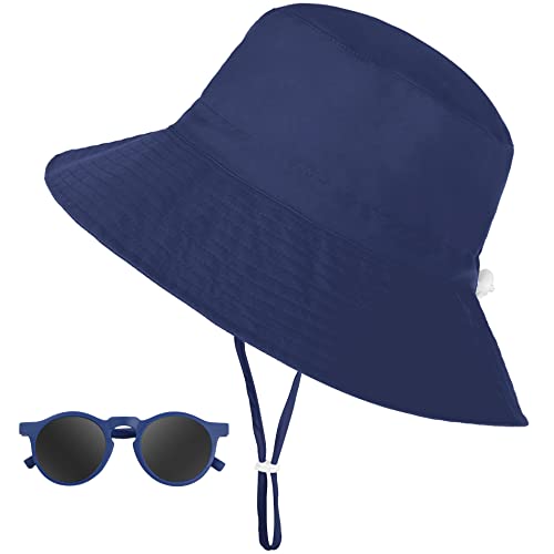 Sonnenhut Kinder, UV-Schutz Breiter Krempe Sonnenschutz Fischerhut Baby mit Sonnenbrille, Atmungsaktiv Sommer Bucket Hat mit Verstellbarem Kinnriemen, Strandhut für Junge - Blau, 2-6 Jahre von Jopee