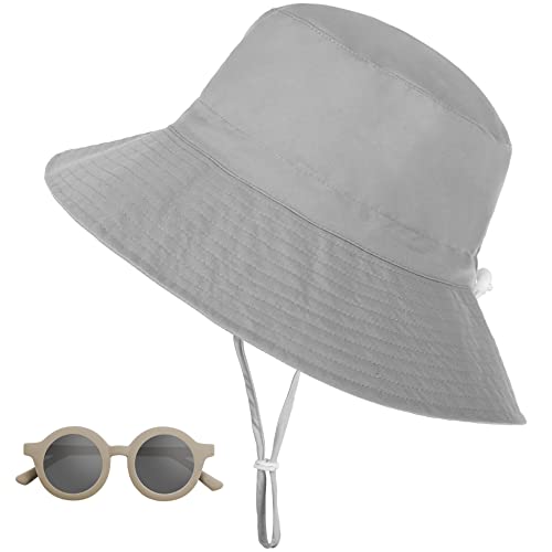 Sonnenhut Kinder, UV-Schutz UPF 50+ Breiter Krempe Nackenschutz Fischerhut Baby mit Sonnenbrille, Atmungsaktiv Sommer Bucket Hat mit Verstellbarem Kinnriemen, Strandhut für Junge, Mädchen - Grau von Jopee