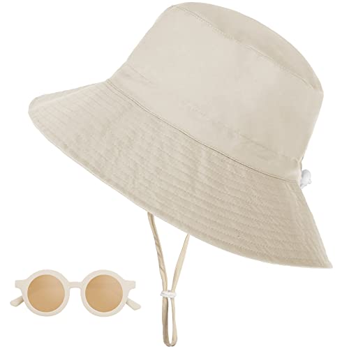 Sonnenhut Baby, UV Schutz UPF 50+ Breiter Krempe Fischerhut Kinder mit Sonnenbrille, Nackenschutz Bucket Hat mit Verstellbarem Kinnriemen, Strandhut für Mädchen, Junge - Beige, 6-24 Monate von Jopee