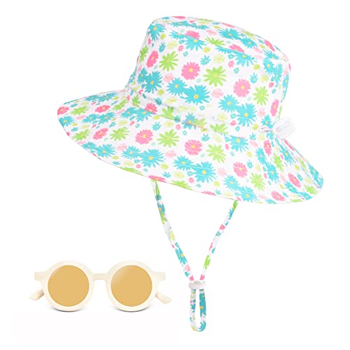 UV-Schutz UPF 50+ Sonnenhut Baby, Breiter Krempe Nackenschutz Fischerhut Kinder mit Sonnenbrille, Bucket Hat mit Verstellbarem Kinnriemen, Strandhut für Mädchen, Junge - Grüne Blumen, 6-24 Monate von Jopee