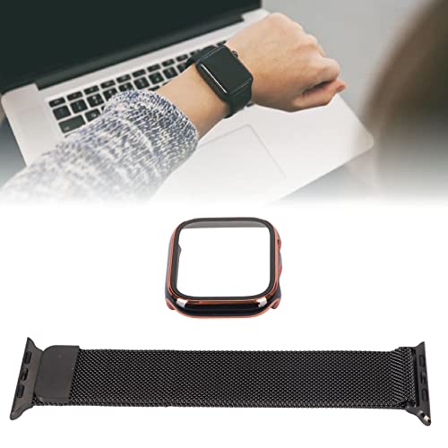 Jopwkuin PC-Schutzhülle, Integrierter Displayschutz aus Gehärtetem Glas mit Verstellbarem Uhrenarmband, Edelstahl-Ersatzarmband mit Milanese-Mesh-Schlaufe für 45 Mm (Schwarz) von Jopwkuin