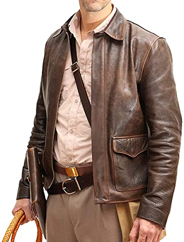 Herren Raiders of The Lost Ark Indiana Jones Harrison Ford Vintage Brown Bomber Lederjacke - Echtes Rindsleder Jacke, braun, S von Jorde Calf