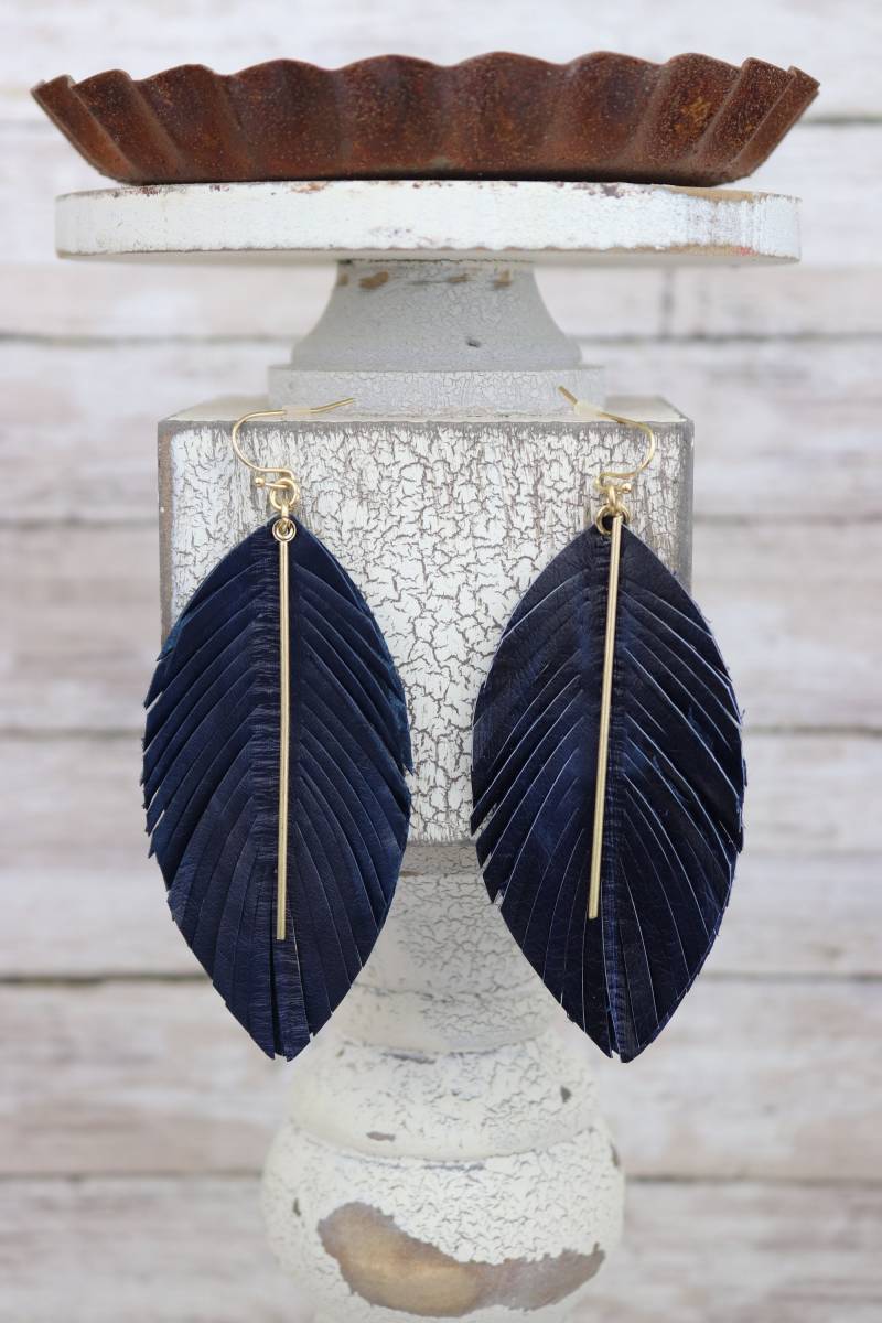 Echtleder Feder Ohrringe Mit Stab/Blatt Boho Inspirierte Ohrringe, Marine, Grau, Teal Olive Inspiriert von JordynJamesCo