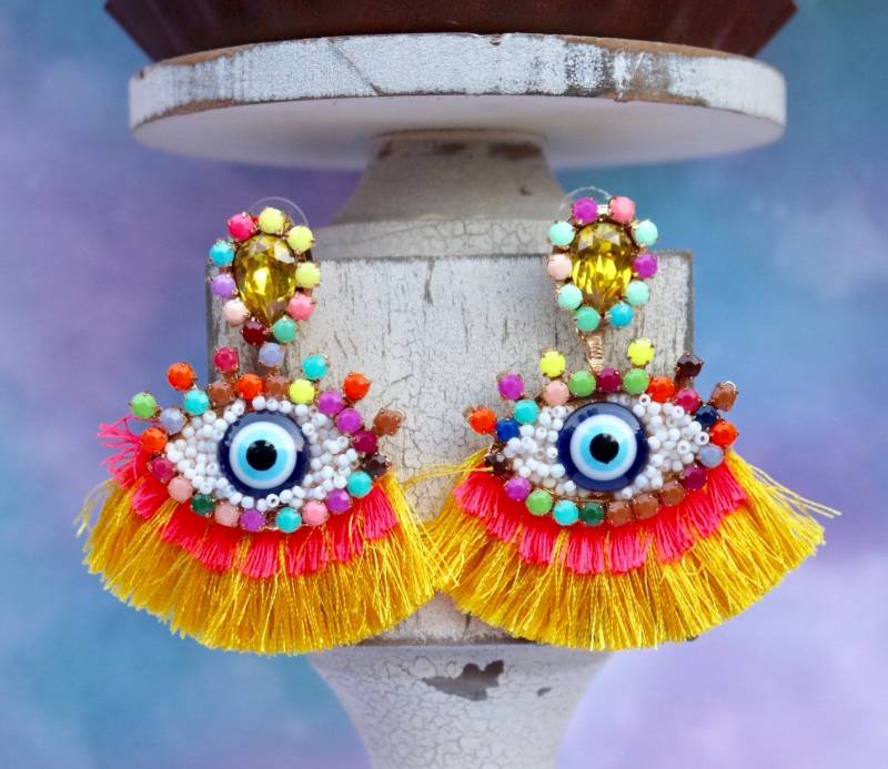Evil Eye Quasten Ohrringe/Kristall Perlen Fächer Wählen Sie Ihre Farbe Boho Statement Geschenke Für Gold Teardrop Post Trendy von JordynJamesCo