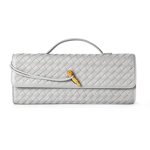 Gewebte Geldbörse für Damen, Abend-Clutch, gewebtes Leder, Umhängetasche, Wildleder-Geldbörse, formelle Abendtasche, Taubengraues gewebtes Leder und Wildleder Gewebte Geldbörse für Damen, Abend-Clutch, gewebtes Leder, Umhängetasche, Wildleder-Geldbörse, formelle Abendtasche, Taubengraues gewebtes Leder und Wildleder von Joryin