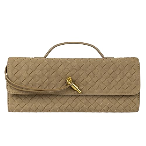Gewebte Geldbörse für Damen, Abendtasche, Clutch, gewebtes Leder, Umhängetasche, formelle Abendtasche, Hellbraunes gewebtes Wildleder von Joryin