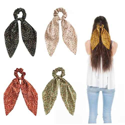 Blumenhaarschal für Frau Mädchen, Bogenrunzeln für Haare, Haarrunzeln mit Bogen 5 PCs Chiffon Floral Scrunchie Langes Haarbänder Bindungen Ponytailhalter Hairtie von Jorzer
