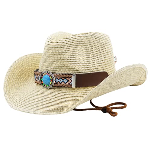 Cowboy Strohhut Männer Frauen Stroh Cowgirl Sonnenhut Vintage Nationalität Style Cowboy Hut Rollen Sie Sommer Strandhut für Männer Frauen Sommer - Beige von Jorzer