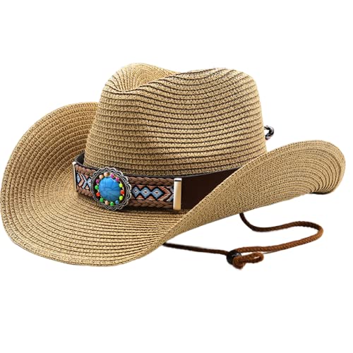 Cowboy Strohhut Männer Frauen Stroh Cowgirl Sonnenhut Vintage Nationalität Style Cowboy Hut Rollen Sie Sommer Strandhut für Männer Frauen Sommer - Khaki von Jorzer