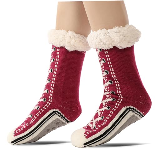 Hausschuhsocken mit Noppen für Damen warme dicke Winterstrümpfe für Damen rutschfeste kuschelige flauschige Thermosocken in Weinrot von Jorzer