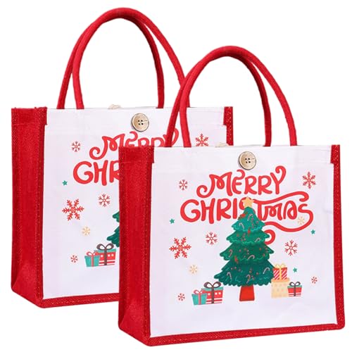 Jorzer 2 Weihnachts-Tragetaschen wiederverwendbare Jute-Tragetasche mit stabilen abgerundeten Griffen Handtasche mit Weihnachtsmotiv für Erwachsene und Kinder von Jorzer