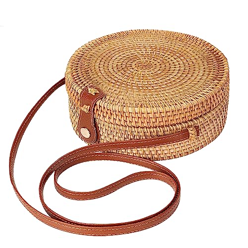 Jorzer Rattan Crossbody Bag Circle Rattan Bag Round gewebte Umhängetasche mit Lederband und schnalle modische runde Handtaschen Sommerstrandtasche für Frauen Reisen von Jorzer