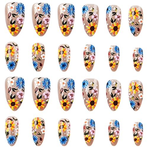 Mittlere Mandel-Press-on-Nägel 3D Gänseblümchen-Blumen-Design Herbst-Press-on-Nägel vollständige Abdeckung für Frauen und Mädchen von Jorzer