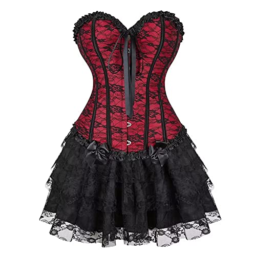 Josamogre Corsage Korsett Damen Kleid Rock Top Set Corset Dress Spitze Ärmel Corsagenkleid Vintage Sexy Halloween Rot 2XL von Josamogre