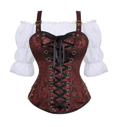 Corsage Korsett Damen Set Shirt Elegant Blusen Festlich Mittelalter Kleidung Bluse Renaissance Steampunk Corset mit Strapsen Kostüm Pirat Braun 5XL von Josamogre
