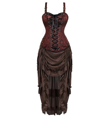 Corsage Korsett Kleid Damen Rock Set Steampunk mit Strapsen Spitze Corset Dress Bustier Damen Korsettkleid Kostüm Pirat Kostüm Braun S von Josamogre