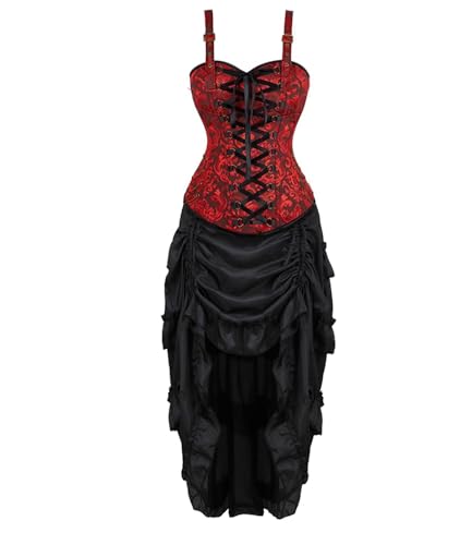 Corsage Korsett Kleid Damen Rock Set Steampunk mit Strapsen Spitze Corset Dress Renaissance Medieval Korsagenkleid Kostüm Rot 4XL von Josamogre