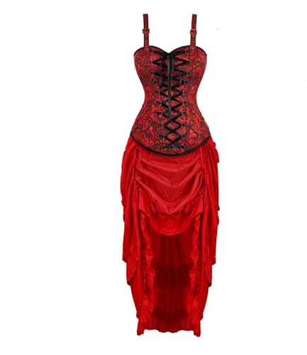 Corsage Korsett Kleid Damen Rock Set Steampunk mit Strapsen Spitze Corset Red Dress Bustier Korsettkleid Kostüm Pirat Halloween Rot 2XL von Josamogre