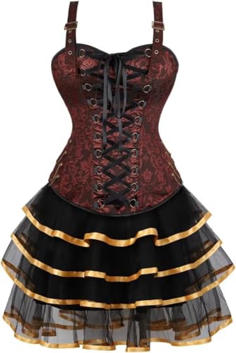Corsage Steampunk Korsett Kleid Rock Set Kostüm Pirat Damen Corset Dress Strapse Mittelalter Vintage Renaissance Halloween Rot 2XL Corsage Steampunk Korsett Kleid Rock Set Kostüm Pirat Damen Corset Dress Strapse Mittelalter Vintage Renaissance Halloween Rot 2XL von Josamogre