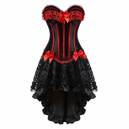 Corsagenkleid Corsage Bustier Streifen Spitze Kleider Korsett Vollbrust elegant sexy Rock Damen Dress Gothic Korsagen rot 3XL von Josamogre