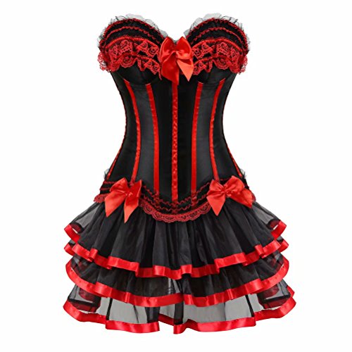 Josamogre Corsagenkleid Corsage bustier sexy Streifen spitze kleider korsett gothic rock damen dress burlesque Schwarz Rot XL von Josamogre