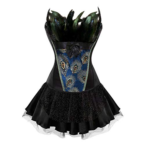 Josamogre Corsagenkleid Feder Korsett KleidCorsage elegant Stickerei Kostüme Pfau halloween kostüm Rock Schwarz 2XL von Josamogre