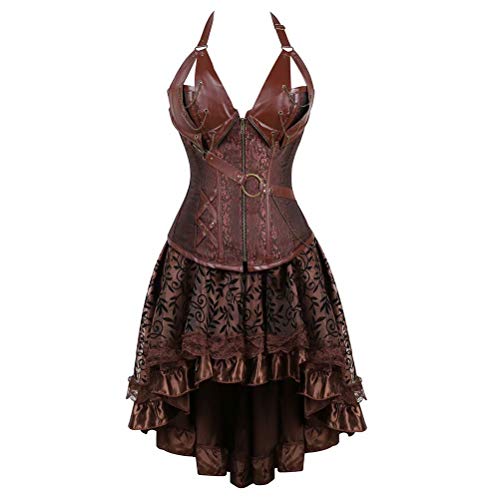 Josamogre Corsagenkleid Steampunk Corsage bustier Damen piraten leder Korsett Kleid Rock GothicüberGrößen Halloween burlesque Braun 3XL von Josamogre