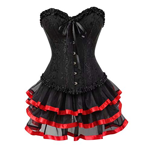 Corsagenkleid Vollbrust Korsett Tutu Kleider viktorianisch Corsage große größe Rock Set günstige Halloween Schwarz rot 3XL von Josamogre