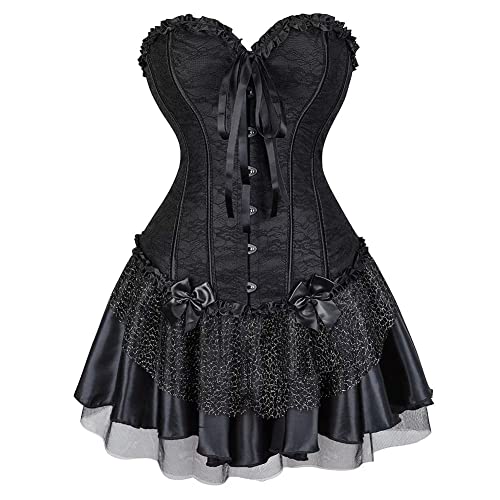 Josamogre Corset Dress Korsett Kleid Rock Damen Corsage Spitze Lace Schnüren Corsagenkleid Vintage Sexy Halloween Schwarz L von Josamogre