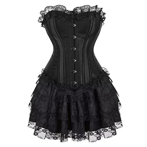 Josamogre Corset Dress Skirt Korsett Damen Kleider Rock Corsage Vollbrust Bustier Schnüren Korsagenkleid Elegant Sexy Gothic Vintage Halloween Schwarz 2XL von Josamogre