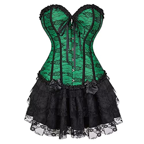 Josamogre Corset Dress Skirt Korsett Kleid Rock Damen Corsage Spitze Schnüren Corsagenkleid Vintage Sexy Halloween Mittelalter Grün L von Josamogre