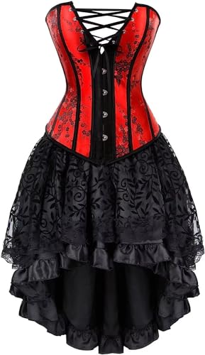 Damen Korsett Kleid Tutu Corsagenkleid Bustier Spitzen Corsage zum schnüren Rock Halloween Burlesque rot 5XL von Josamogre