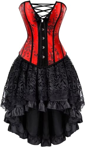 Josamogre Damen Korsett kleid tutu Corsagenkleid bustier Spitzen corsage zum schnüren Rock Halloween burlesque rot XL von Josamogre